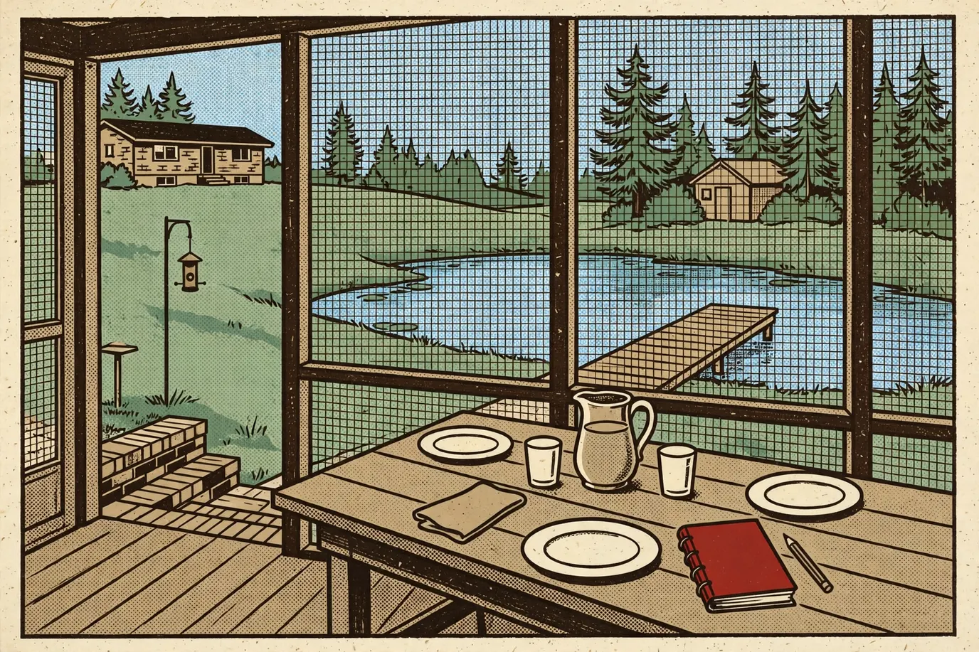 A wooden table set for Sunday dinner on a screened porch, with a composition notebook beside one plate and the pond beyond the screen